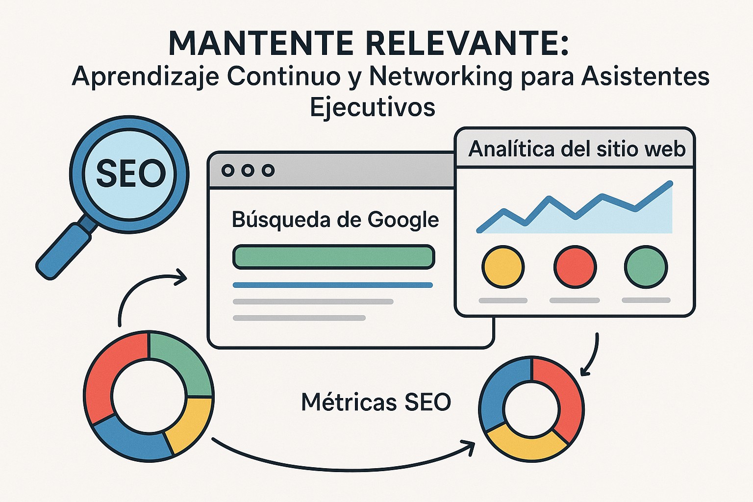Una asistente ejecutiva sonriendo mientras usa una tableta en un entorno de oficina moderno, rodeada de gráficos y tecnología futurista, simbolizando el aprendizaje continuo y la adaptabilidad a las herramientas digitales.