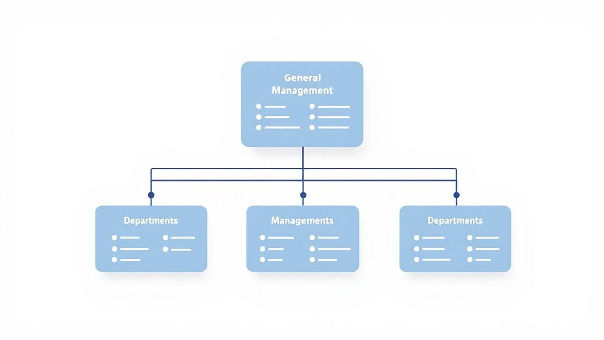 Organigrama de una empresa mostrando las cinco áreas funcionales: producción, comercial, finanzas, recursos humanos y dirección, conectadas a la gerencia general