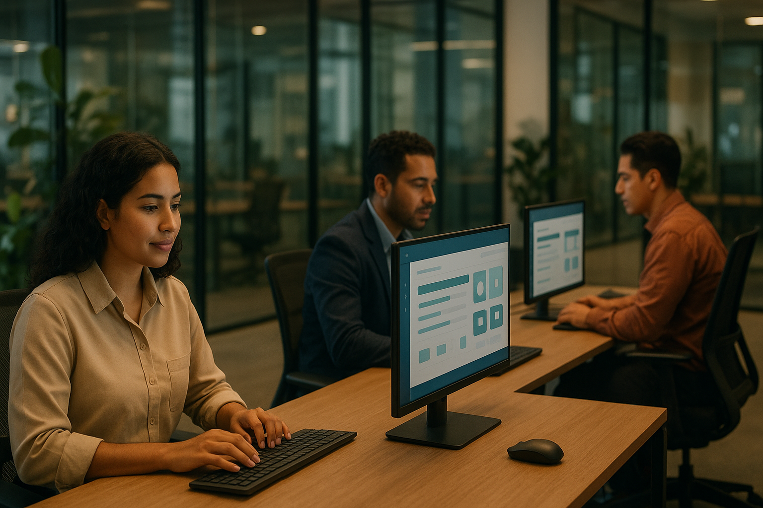 Equipo de profesionales completando un módulo de capacitación corporativa elearning en pantallas con interfaz Moodle y gráficas de progreso de aprendizaje.