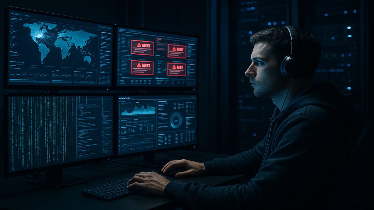 Especialista en ciberseguridad analizando amenazas en pantallas con código de red y dashboards de seguridad