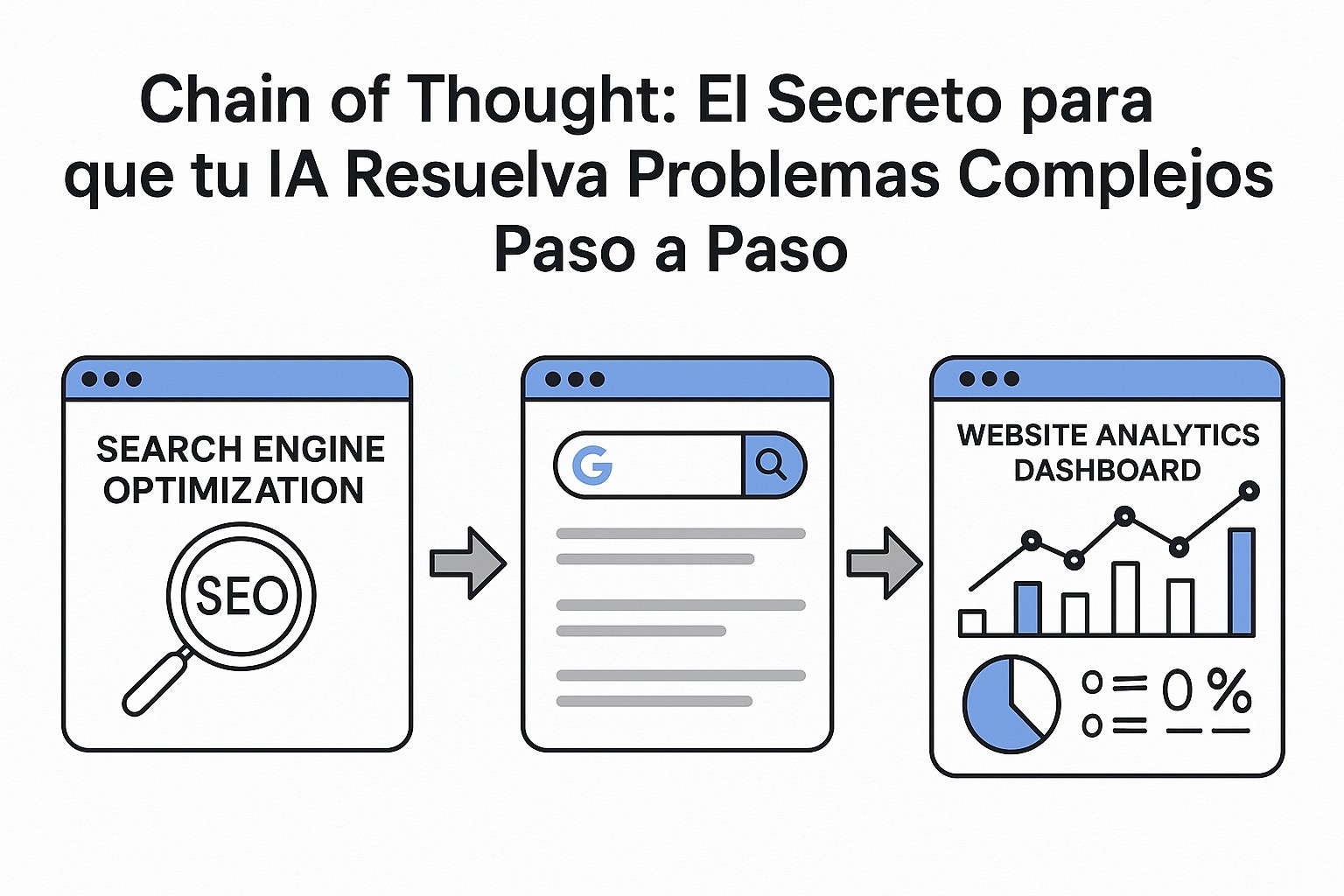 Representación visual de un flujo de trabajo Chain of Thought donde un problema se descompone en pasos lógicos secuenciales, mostrando la mejora en la resolución de problemas de IA.
