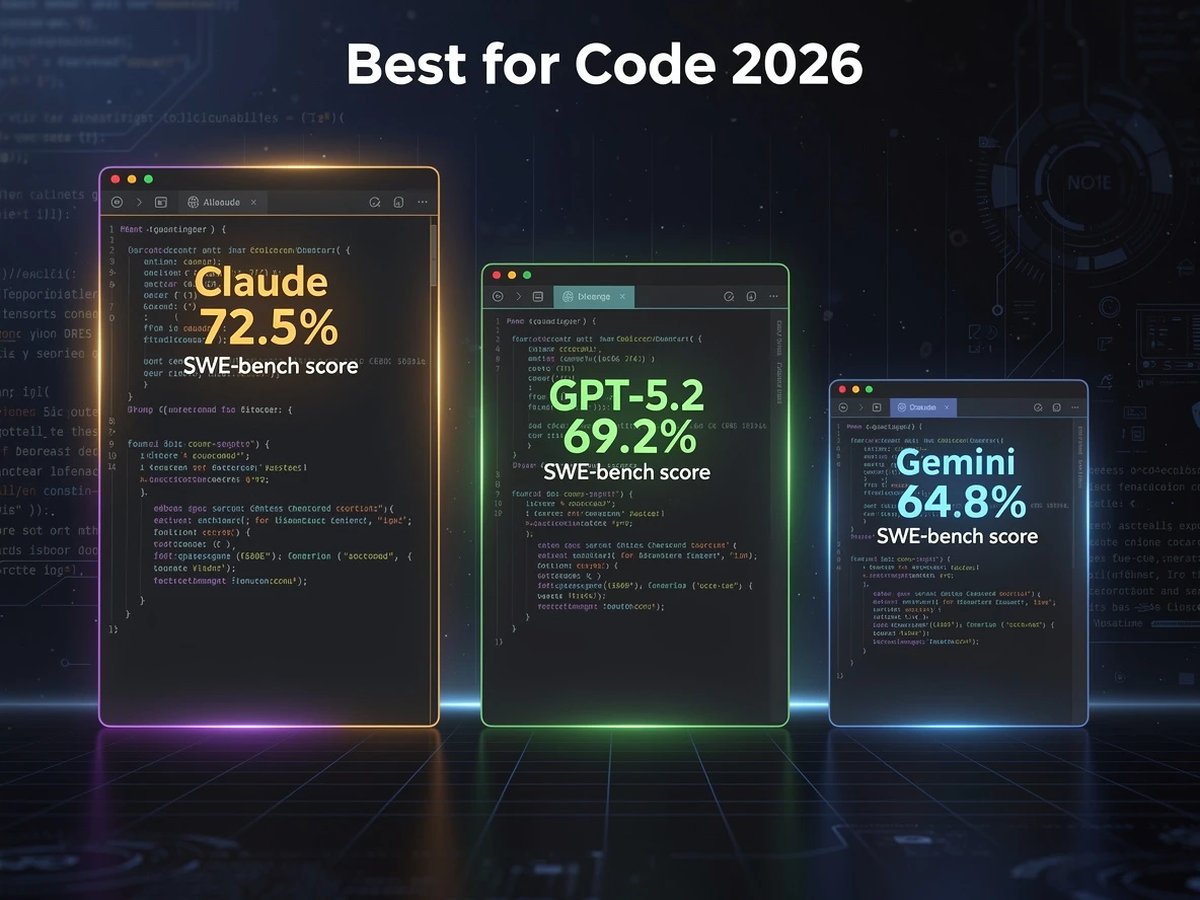 Best for Code 2026 - SWE-bench scores: Claude 72.5%, GPT-5.2 69.2%, Gemini 64.8%