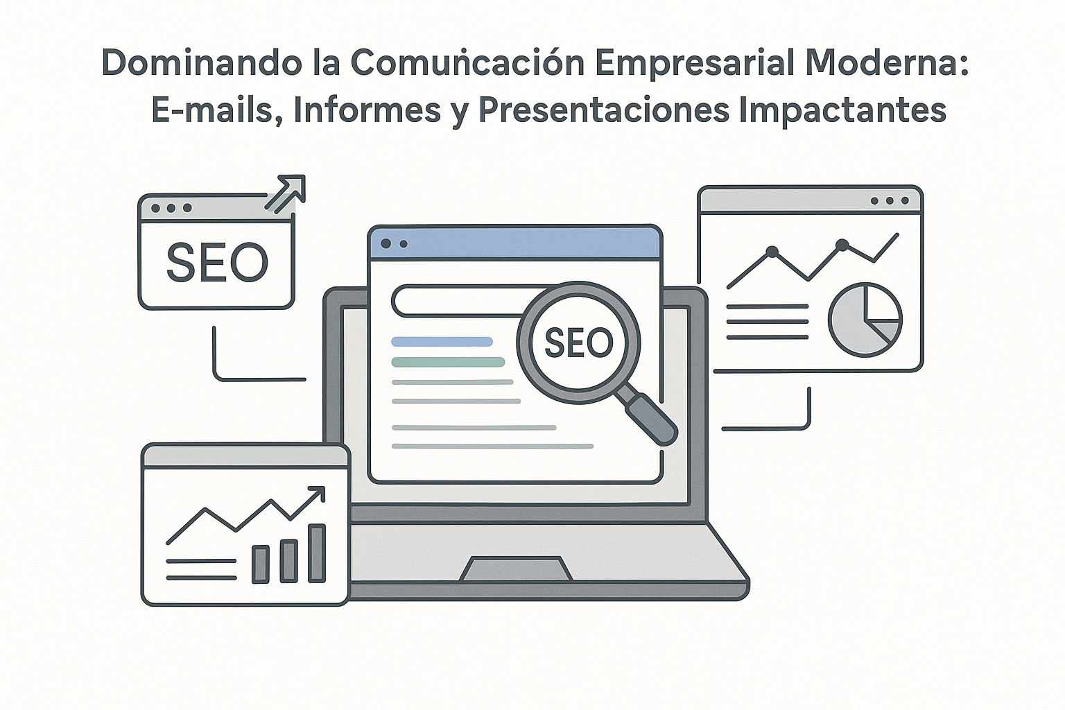 Persona redactando un email en su ordenador con iconos de email y chat flotando alrededor.