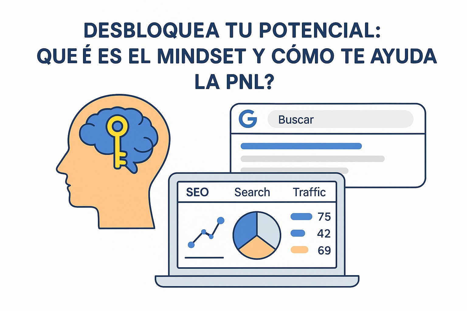 Persona meditando rodeada de símbolos de crecimiento personal y un cerebro con engranajes