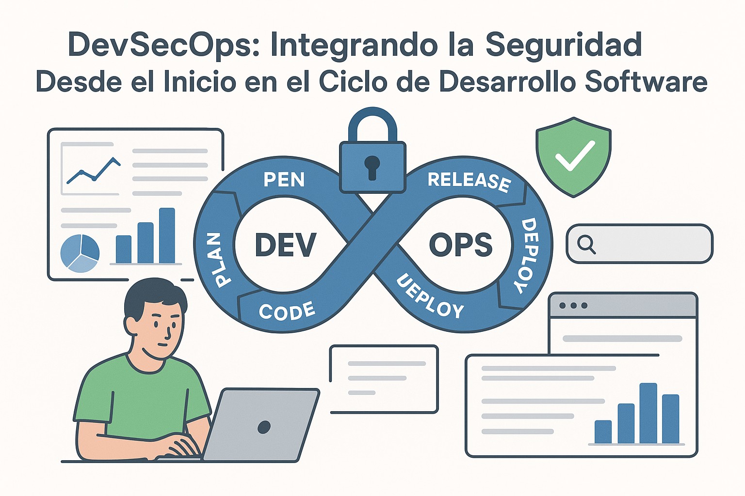 Ilustración que muestra herramientas de seguridad como SAST, DAST y SCA integradas en un flujo de CI/CD automatizado