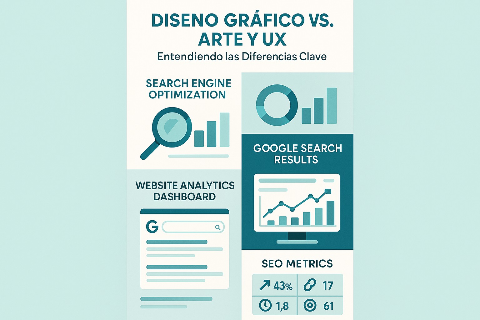 Infografía: Conceptos clave sobre las diferencias entre Diseño Gráfico, Arte y Diseño UX, con ejemplos visuales y descripciones