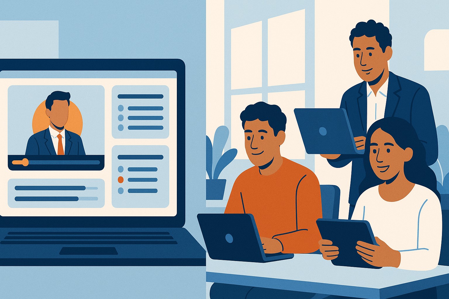 Ilustraci&oacute;n plana de tres empleados de oficina siguiendo un curso corporativo en laptop y tablet, junto a una pantalla que muestra el reproductor de una lecci&oacute;n en v&iacute;deo y el listado de m&oacute;dulos del curso.
