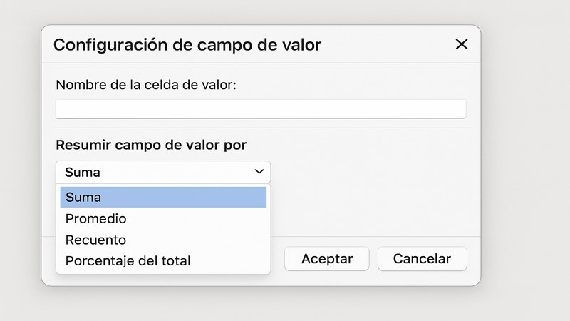 Menú de configuración de campo de valor en Excel mostrando opciones suma, promedio, porcentaje del total y diferencia de