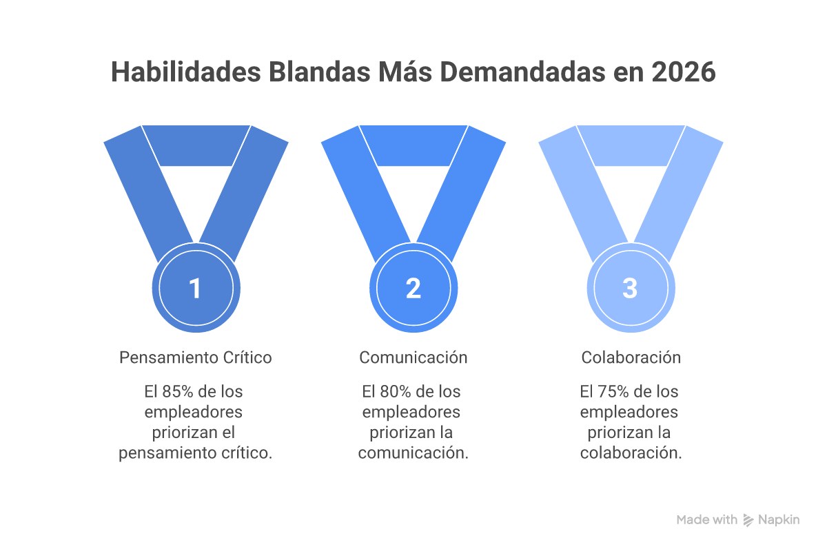 Infografía con el top 15 de habilidades blandas más demandadas en 2026 según WEF y LinkedIn, con porcentaje de empleadores que las priorizan y iconos representativos