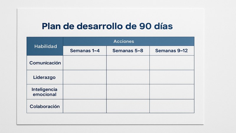 Plan de 90 días para desarrollar habilidades blandas: tabla con 4 habilidades clave y las acciones de las semanas 1-4, 5-8 y 9-12 para cada una