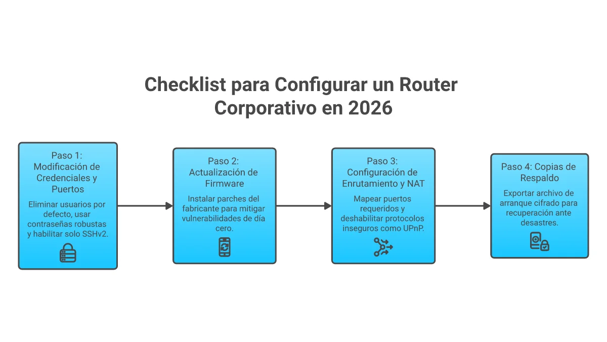 Infografía Configuración Segura de Routers Corporativos 2026