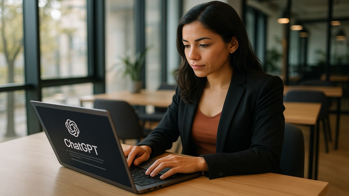 Profesional trabajando en laptop con ChatGPT abierto, lista de prompts estructurados en pantalla, ambiente de oficina moderno, productividad y eficiencia laboral