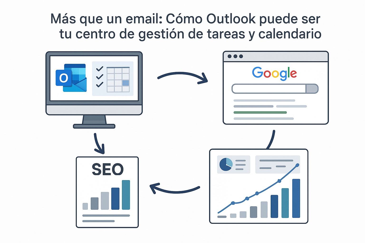 Representación visual de la interfaz de Outlook mostrando la integración entre el correo electrónico y la barra lateral de tareas y calendario.