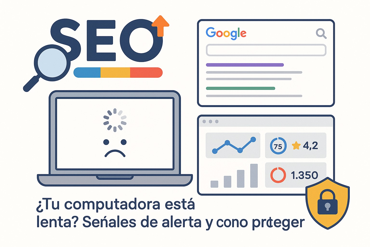 Una persona frustrada frente a una computadora lenta con iconos de carga