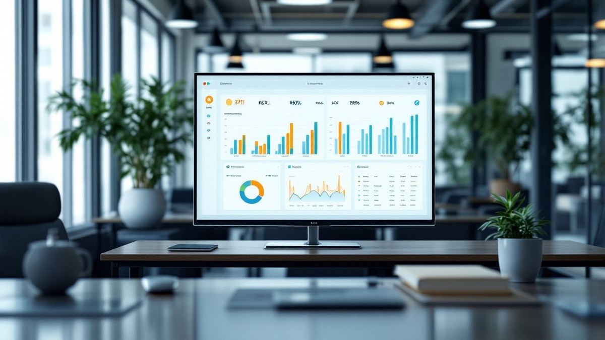 Tablero de control con indicadores KPI y un mapa estratégico tipo Balanced Scorecard en una oficina moderna