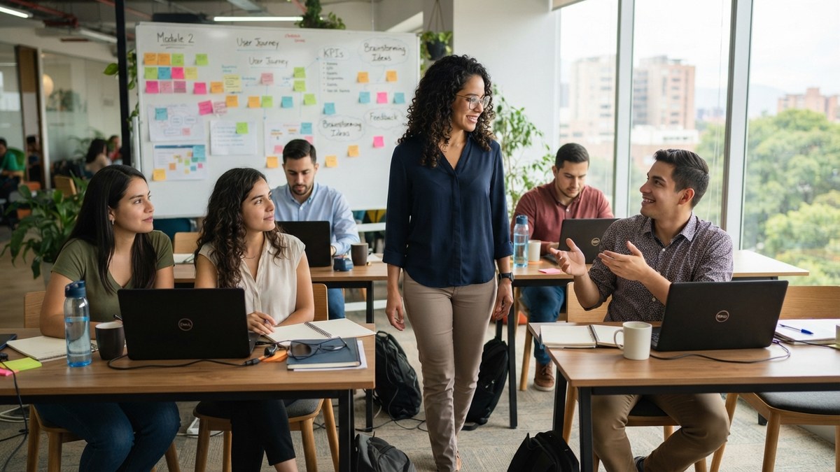 Empleados de distintas &aacute;reas completando un curso piloto en sus computadoras mientras una responsable de formaci&oacute;n toma notas de la sesi&oacute;n.