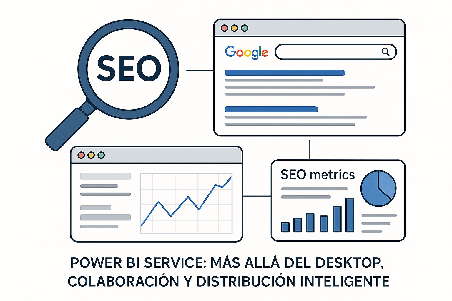Diagrama de flujo mostrando el proceso de publicación y distribución de informes en Power BI Service