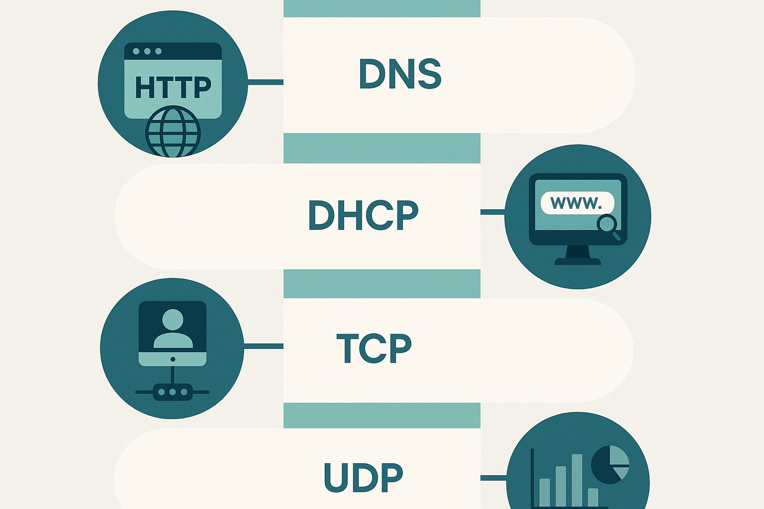Infografía: conceptos clave de Protocolos de Red: HTTP, DNS, DHCP, TCP y UDP Explicados [Guía 2026]