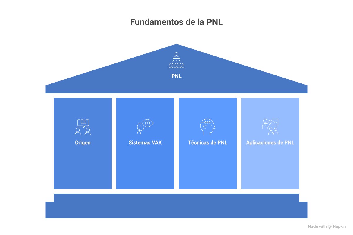 Infografía resumen de la PNL: origen (Bandler y Grinder), 4 pilares, sistemas VAK, 5 técnicas principales, aplicaciones en coaching/ventas/liderazgo y niveles de certificación